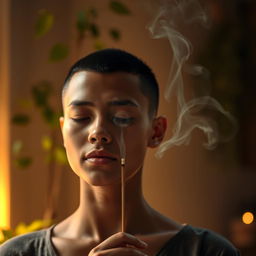A serene scene featuring a person with a buzzcut hairstyle and light brown skin, holding an incense stick, with wisps of fragrant smoke rising in the air