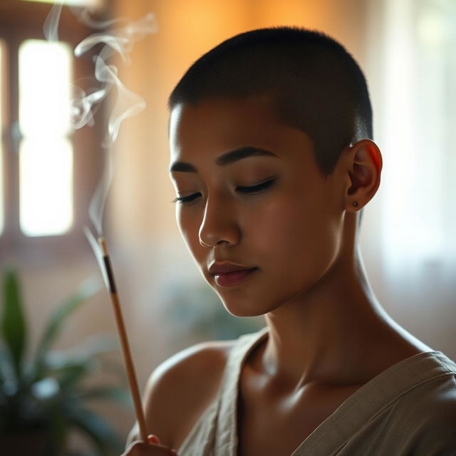 A serene scene featuring a person with a buzzcut hairstyle and light brown skin, holding an incense stick, with wisps of fragrant smoke rising in the air