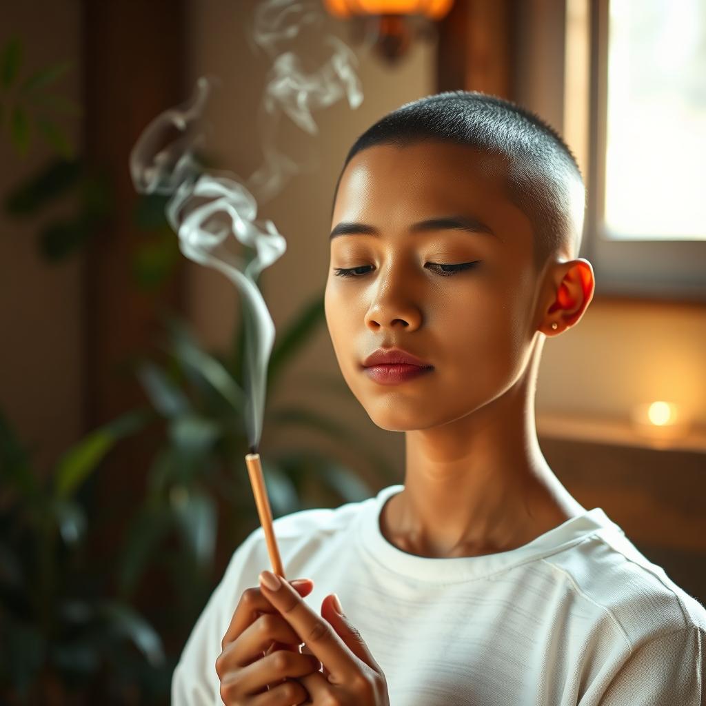 A serene scene featuring a person with a buzzcut hairstyle and light brown skin, holding an incense stick, with wisps of fragrant smoke rising in the air