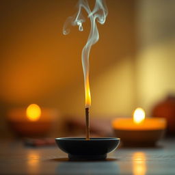 A tranquil scene featuring an incense stick burning, with delicate wisps of fragrant smoke curling upwards