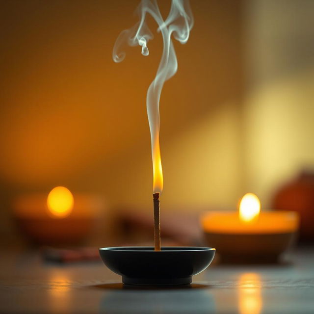 A tranquil scene featuring an incense stick burning, with delicate wisps of fragrant smoke curling upwards