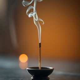 A tranquil scene featuring an incense stick burning, with delicate wisps of fragrant smoke curling upwards