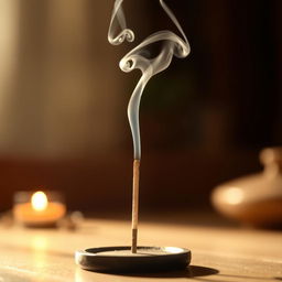 A tranquil scene featuring an incense stick burning, with delicate wisps of fragrant smoke curling upwards