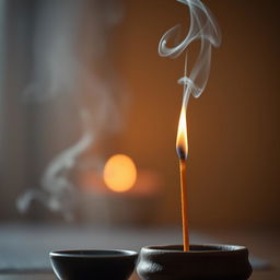 A tranquil scene featuring an incense stick burning, with delicate wisps of fragrant smoke curling upwards