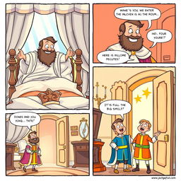 A delightful comic strip capturing a humorous moment in a king's bedroom