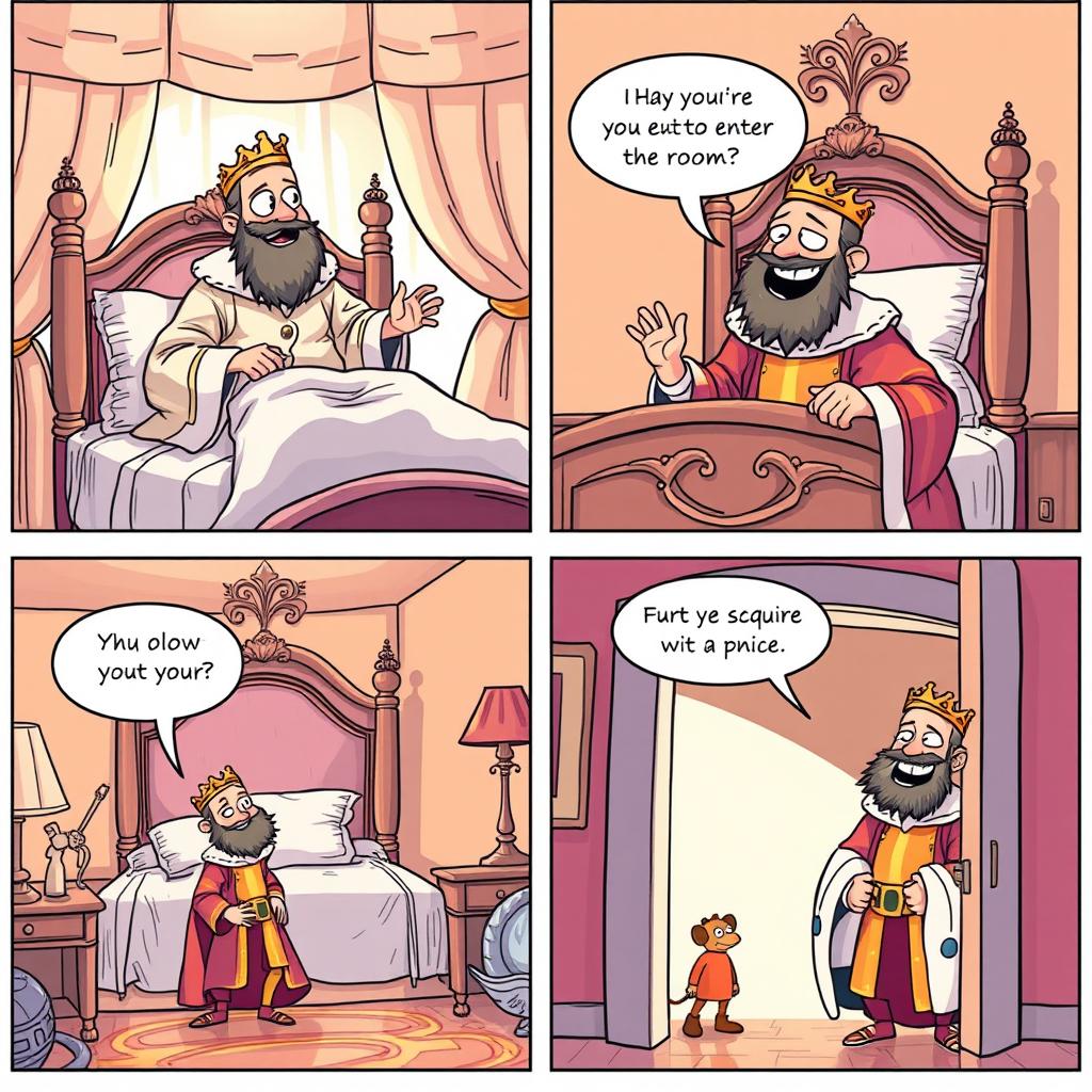 A delightful comic strip capturing a humorous moment in a king's bedroom