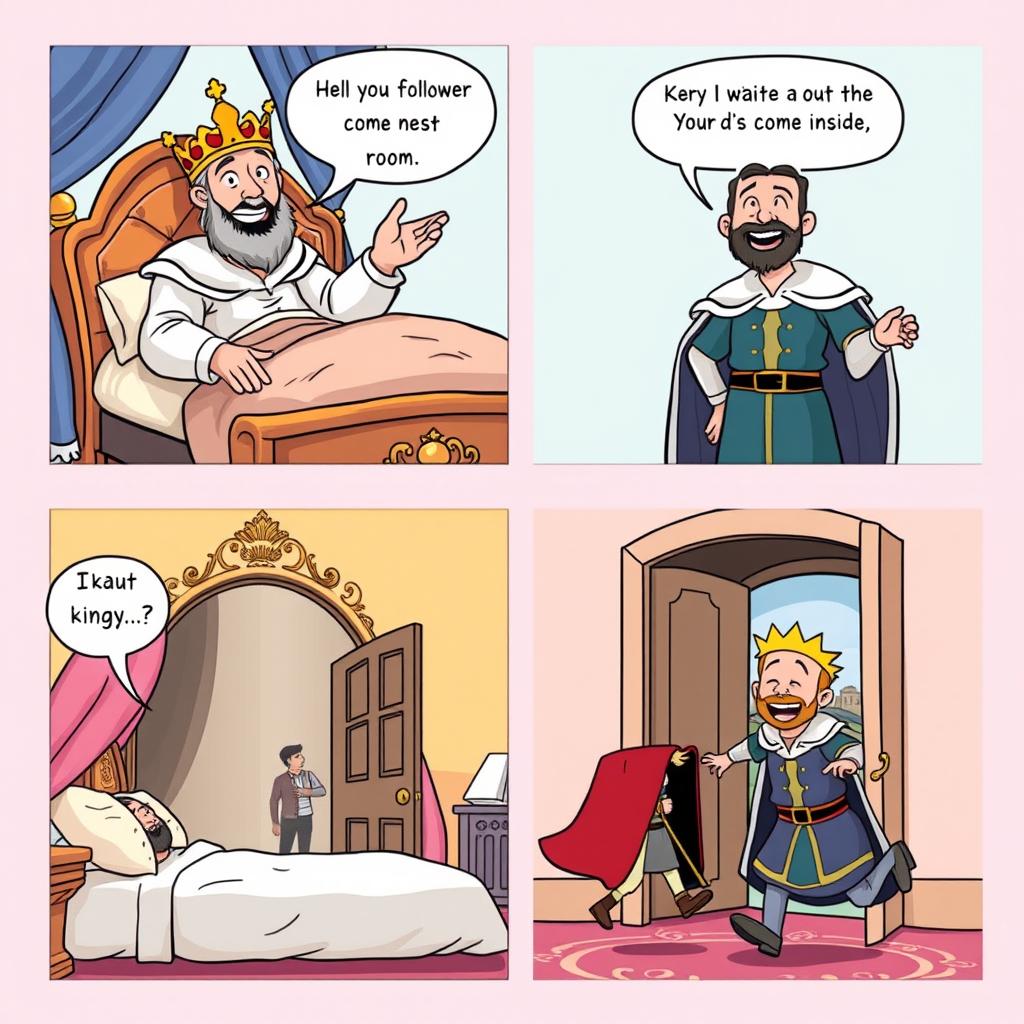 A charming comic strip featuring a king waking up in his lavish bedroom