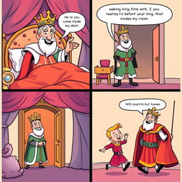 A charming comic strip featuring a king waking up in his lavish bedroom