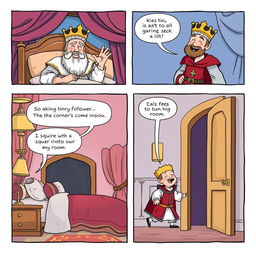 A charming comic strip featuring a king waking up in his lavish bedroom