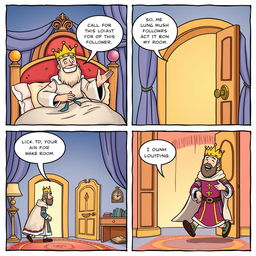 A charming comic strip featuring a king waking up in his lavish bedroom