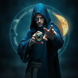 An elegant 35-year-old male sorcerer poised in a combat stance within a dark, celestial environment
