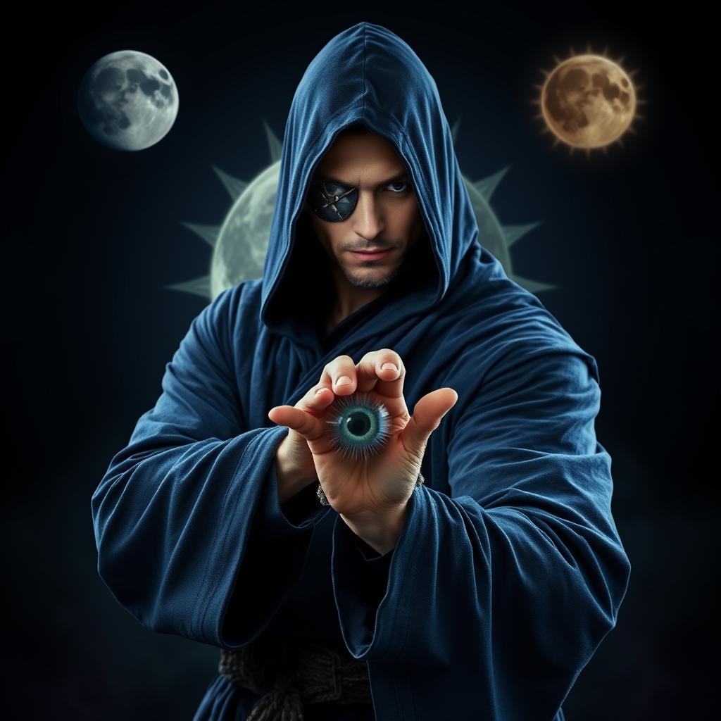 An elegant 35-year-old male sorcerer poised in a combat stance within a dark, celestial environment