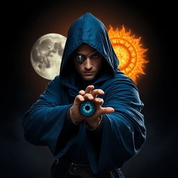 An elegant 35-year-old male sorcerer poised in a combat stance within a dark, celestial environment