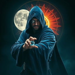 An elegant 35-year-old male sorcerer poised in a combat stance within a dark, celestial environment