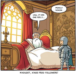 A whimsical comic strip showing a king waking up in a grand royal bed, sunlight streaming through an ornate window