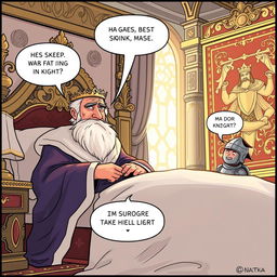 A whimsical comic strip showing a king waking up in a grand royal bed, sunlight streaming through an ornate window