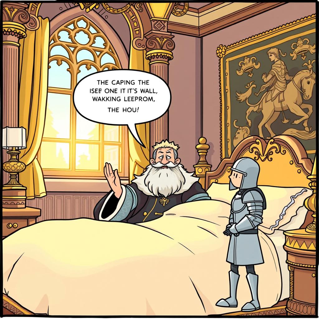A whimsical comic strip showing a king waking up in a grand royal bed, sunlight streaming through an ornate window