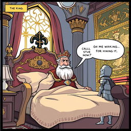 A whimsical comic strip showing a king waking up in a grand royal bed, sunlight streaming through an ornate window