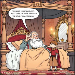 A lively comic strip featuring a king waking up in an elaborate four-poster bed, adorned with rich fabrics and cushions