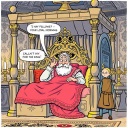 A lively comic strip featuring a king waking up in an elaborate four-poster bed, adorned with rich fabrics and cushions
