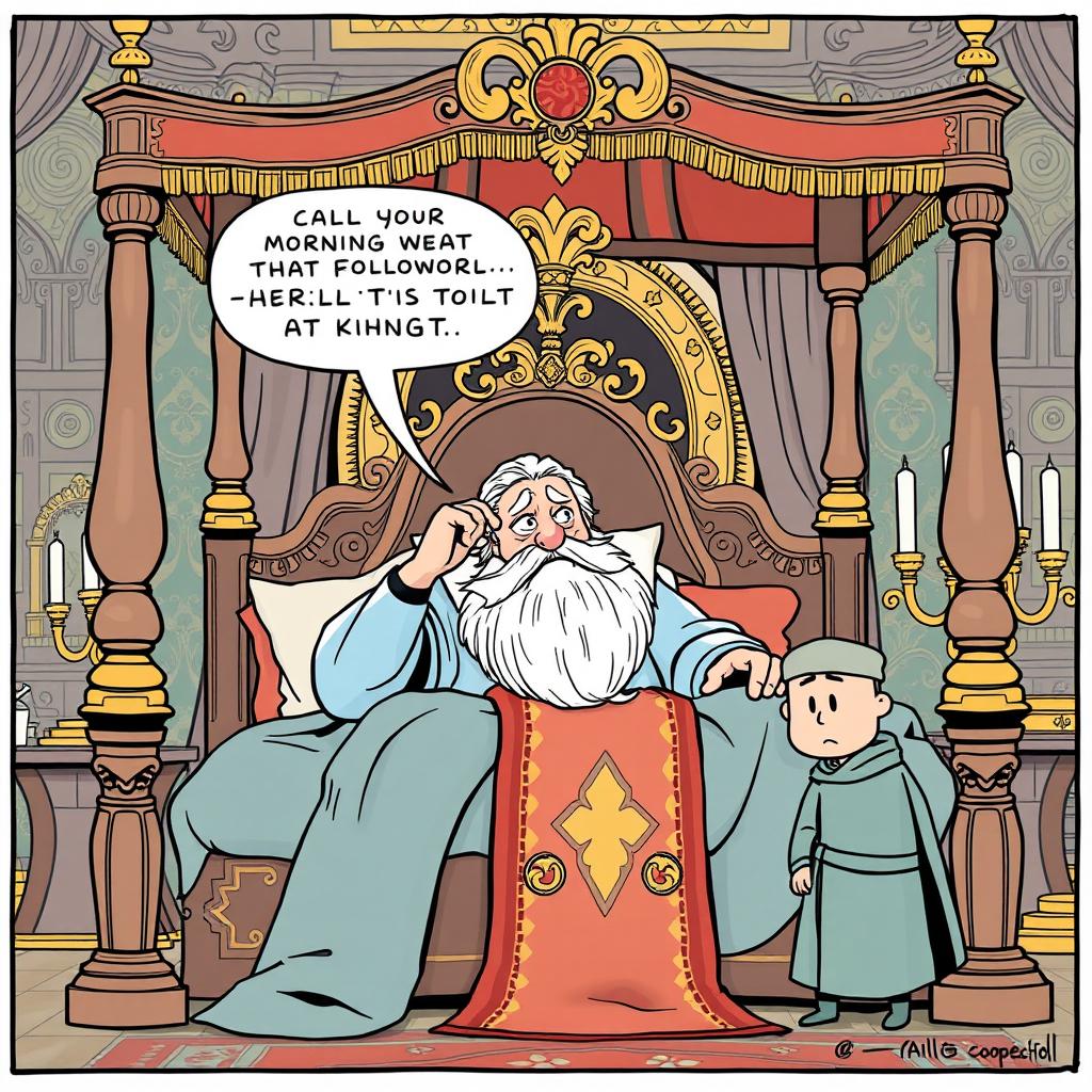 A lively comic strip featuring a king waking up in an elaborate four-poster bed, adorned with rich fabrics and cushions