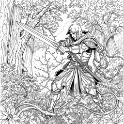 A dynamic line drawing depicting a medieval adventurer fiercely battling thick, ensnaring vines with a sword in a lush forest glen