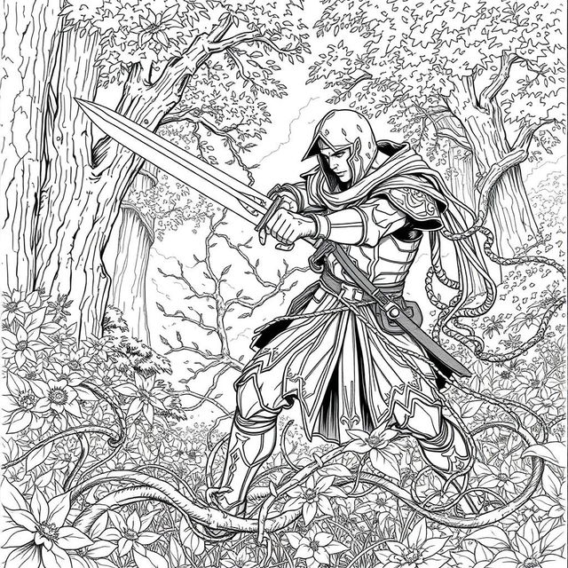 A dynamic line drawing depicting a medieval adventurer fiercely battling thick, ensnaring vines with a sword in a lush forest glen
