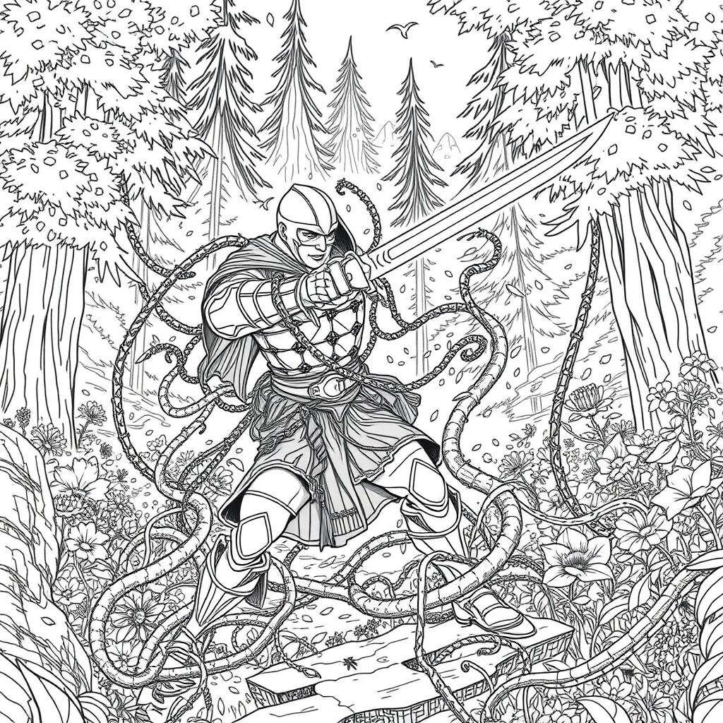 A dynamic line drawing depicting a medieval adventurer fiercely battling thick, ensnaring vines with a sword in a lush forest glen