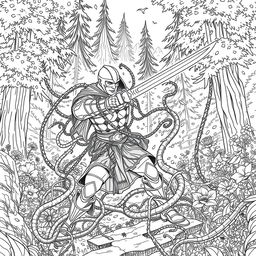 A dynamic line drawing depicting a medieval adventurer fiercely battling thick, ensnaring vines with a sword in a lush forest glen