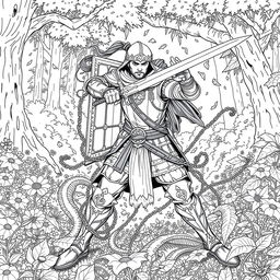 A dynamic line drawing depicting a medieval adventurer fiercely battling thick, ensnaring vines with a sword in a lush forest glen