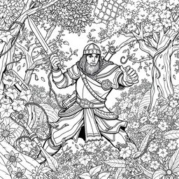 An engaging line drawing of a medieval adventurer valiantly fighting and cutting through thick, ensnaring vines with a sword in a lush forest glen