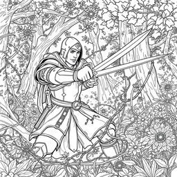An engaging line drawing of a medieval adventurer valiantly fighting and cutting through thick, ensnaring vines with a sword in a lush forest glen