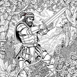 An engaging line drawing of a medieval adventurer valiantly fighting and cutting through thick, ensnaring vines with a sword in a lush forest glen