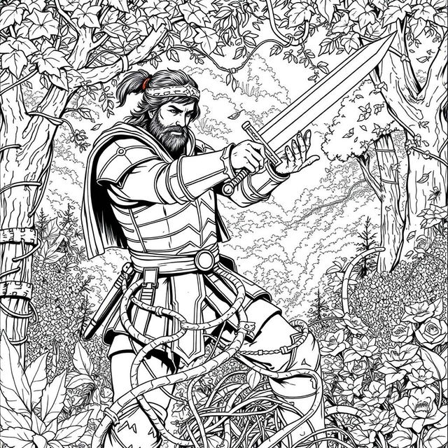 An engaging line drawing of a medieval adventurer valiantly fighting and cutting through thick, ensnaring vines with a sword in a lush forest glen