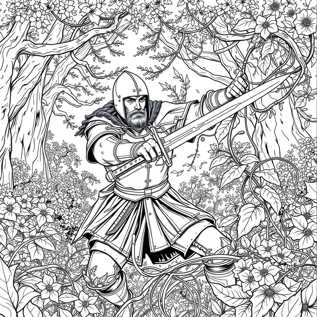 An engaging line drawing of a medieval adventurer valiantly fighting and cutting through thick, ensnaring vines with a sword in a lush forest glen