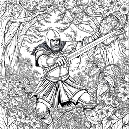 An engaging line drawing of a medieval adventurer valiantly fighting and cutting through thick, ensnaring vines with a sword in a lush forest glen