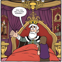A humorous comic strip depicting a king just waking up in his lavish royal bed, looking slightly disheveled with a crown tilted askew