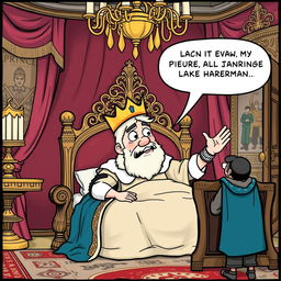 A humorous comic strip depicting a king just waking up in his lavish royal bed, looking slightly disheveled with a crown tilted askew