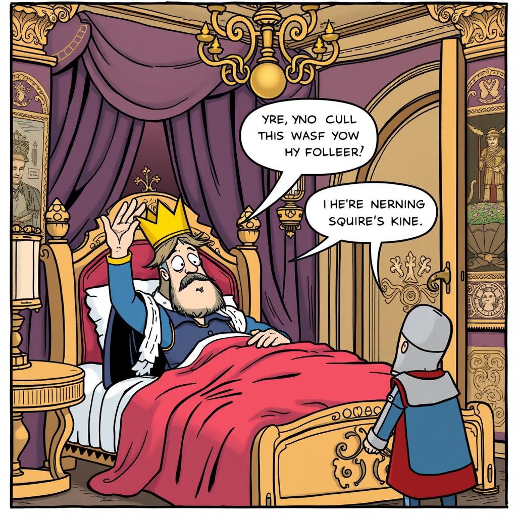 A humorous comic strip depicting a king just waking up in his lavish royal bed, looking slightly disheveled with a crown tilted askew