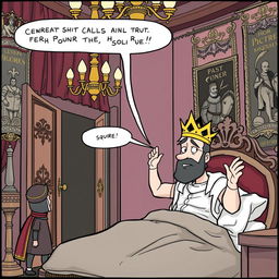 A humorous comic strip depicting a king just waking up in his lavish royal bed, looking slightly disheveled with a crown tilted askew