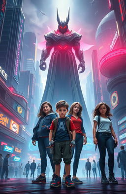A vibrant scene depicting a group of friends, including a determined boy, standing together heroically in the foreground
