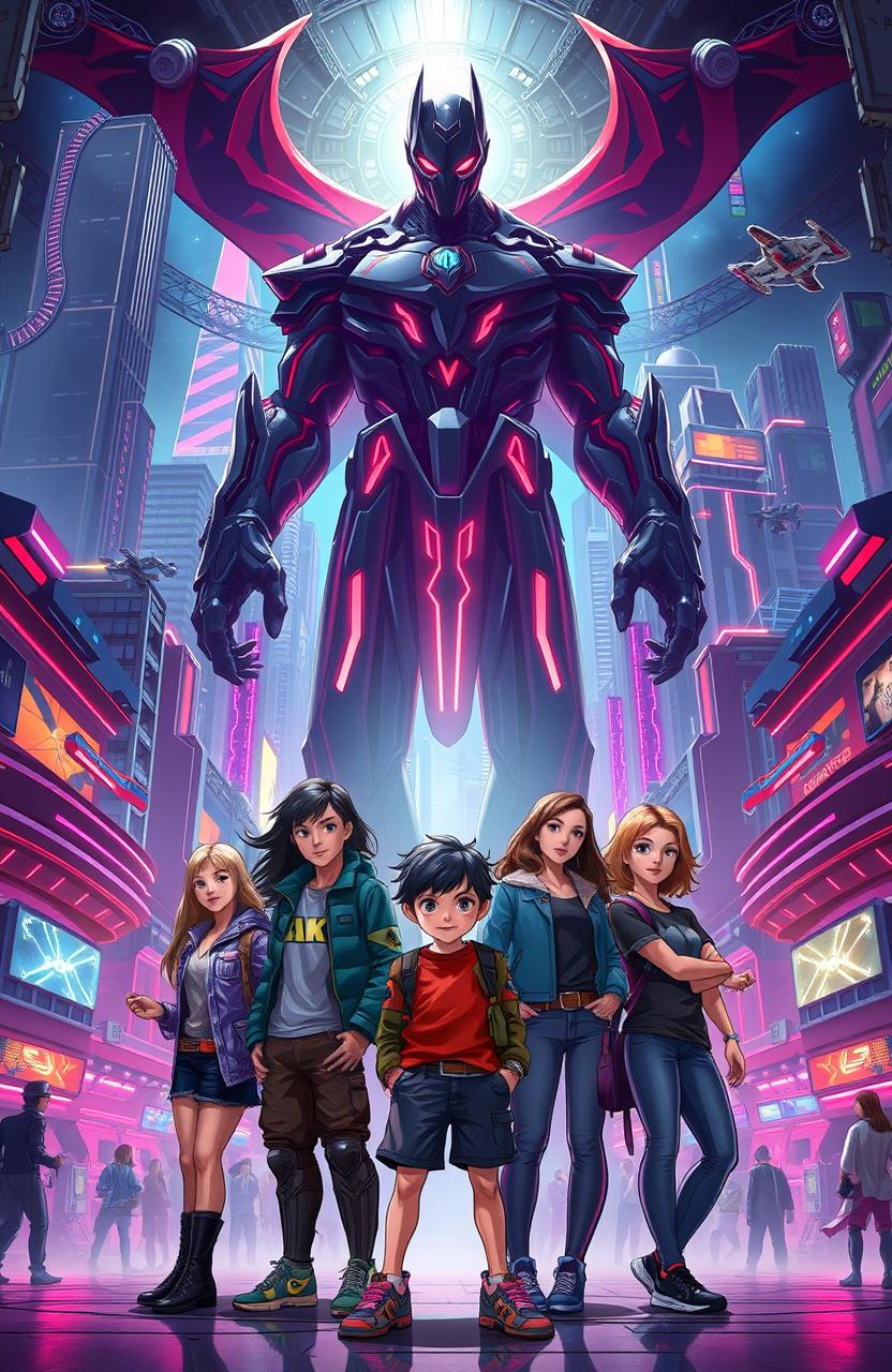A vibrant scene depicting a group of friends, including a determined boy, standing together heroically in the foreground