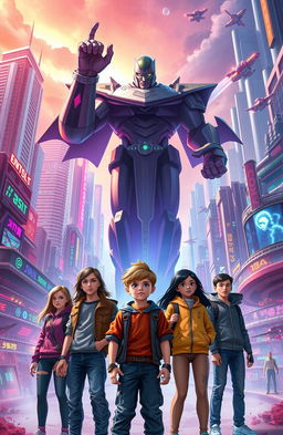 A vibrant scene depicting a group of friends, including a determined boy, standing together heroically in the foreground