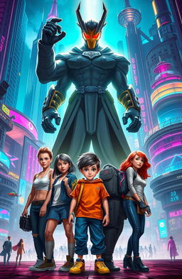 A vibrant scene depicting a group of friends, including a determined boy, standing together heroically in the foreground