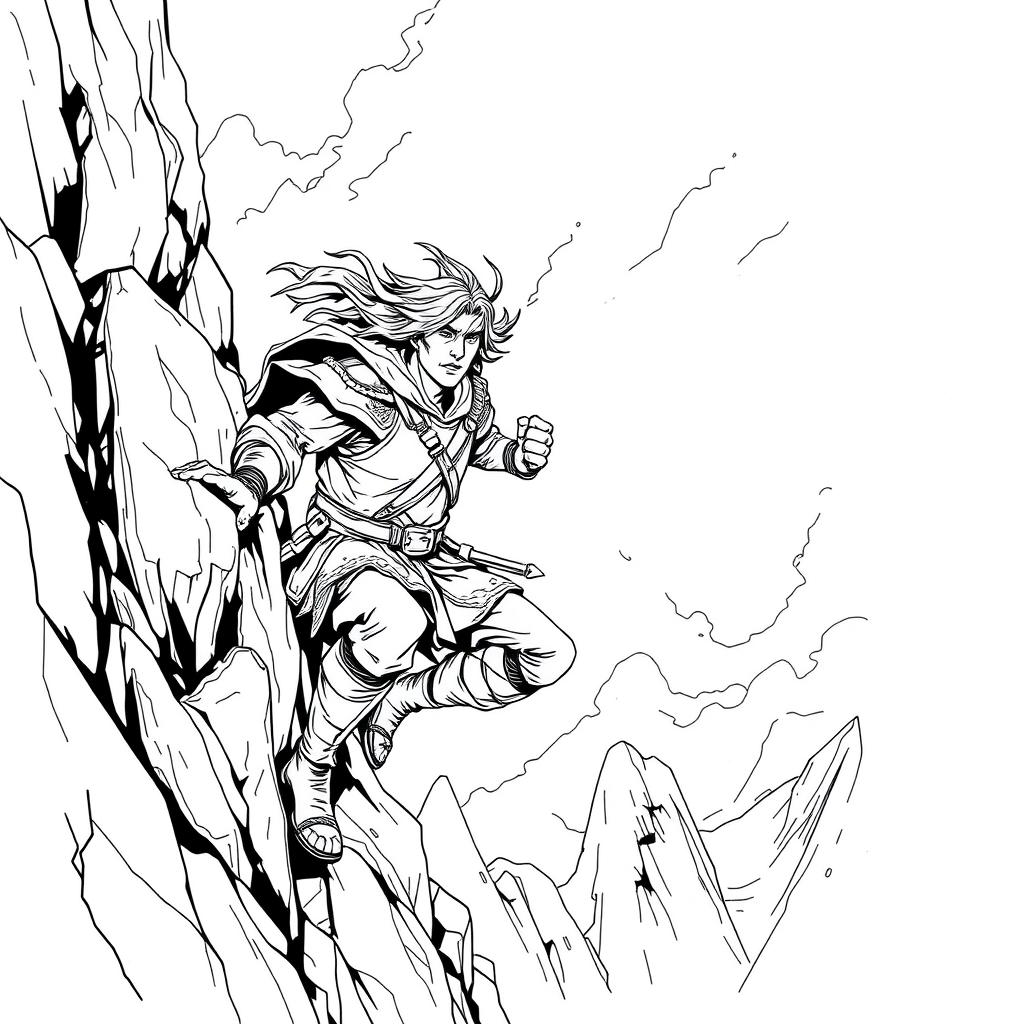 A compelling line drawing of a medieval adventurer clinging to the rugged side of a mountain, fiercely battling against strong winds