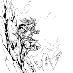 A compelling line drawing of a medieval adventurer clinging to the rugged side of a mountain, fiercely battling against strong winds