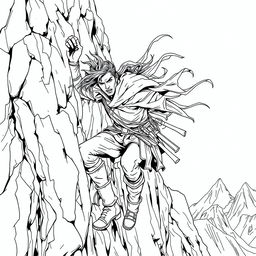 A compelling line drawing of a medieval adventurer clinging to the rugged side of a mountain, fiercely battling against strong winds