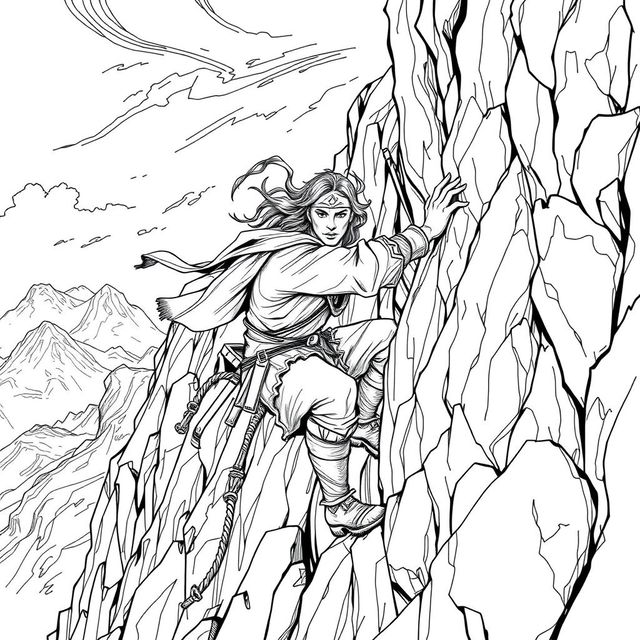 A compelling line drawing of a medieval adventurer clinging to the rugged side of a mountain, fiercely battling against strong winds