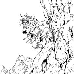 A compelling line drawing of a medieval adventurer clinging to the rugged side of a mountain, fiercely battling against strong winds