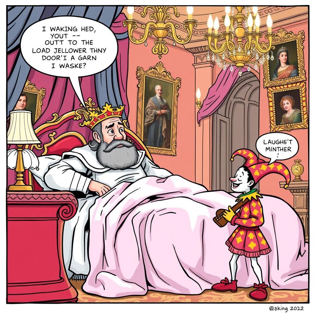 A humorous comic strip illustrating a king just waking up in an extravagant royal bed, with rumpled sheets and a slightly bewildered expression